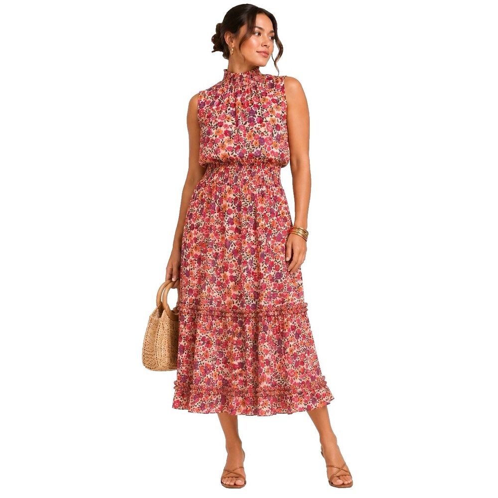 MSK Floral Midi Dress Size S Peach Multi Sleeveless Smocked Waist Tiered Lined